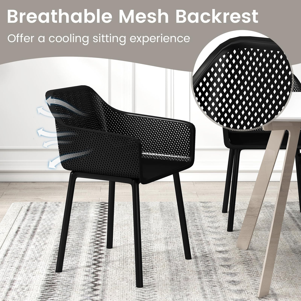 Goflame Plastic Dining Chairs Set of 2/4 Black Kitchen Armchair w/Breathable Mesh Backrest
