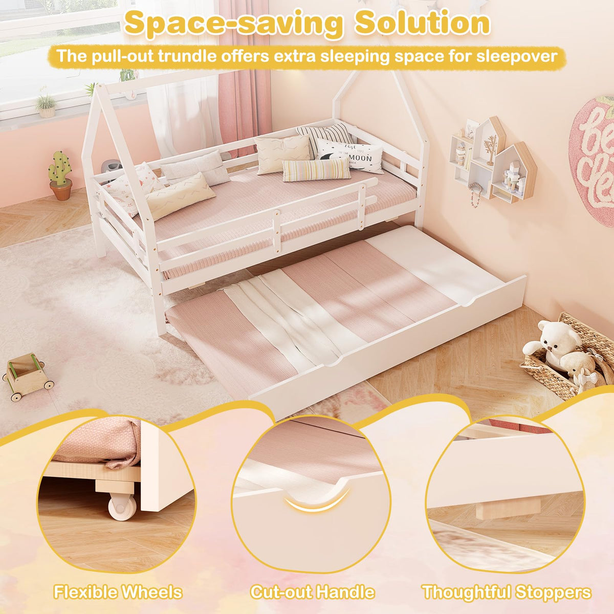 Goflame Twin House Bed with Trundle, Wood Kids Bed Frame with Roof & Fence Rails