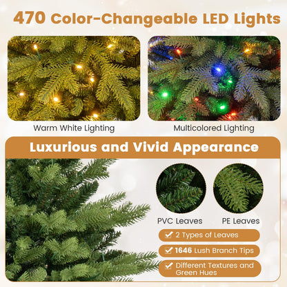 Goflame 7ft Hinged Xmas Full Tree with 470 Warm White & Multicolored LED Lights