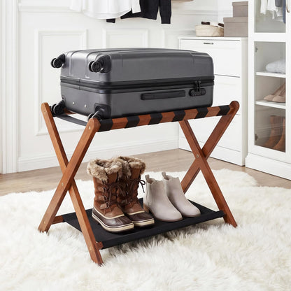 Goflame Folding Luggage Rack | Solid Rubber Wood Suitcase Stand with Storage Shelves