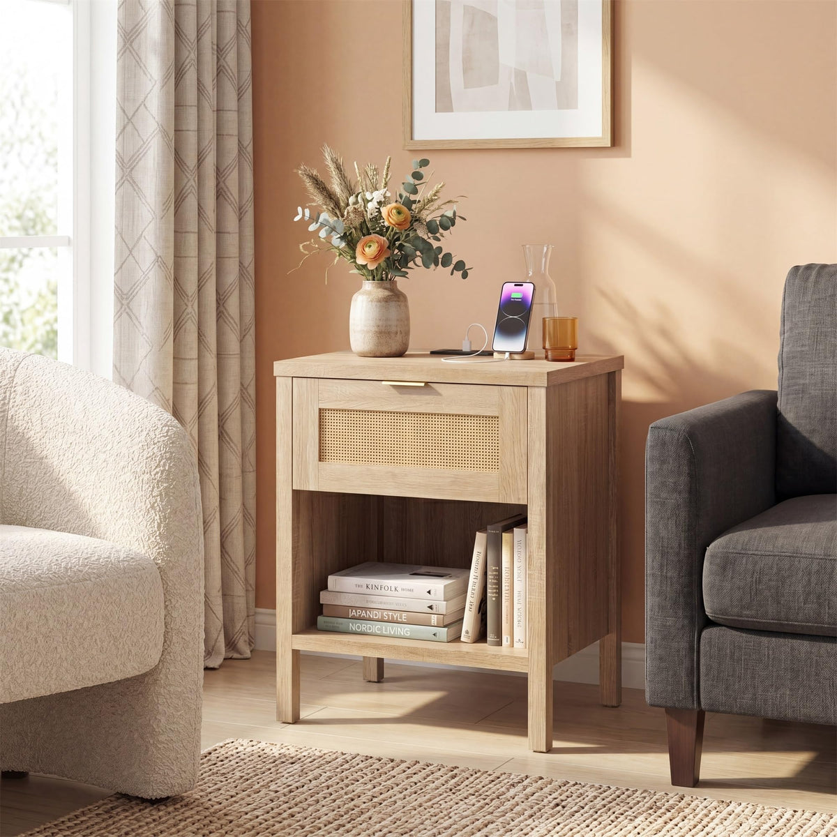 Goflame Rattan Night Stand with Drawer and Open Shelf (1/2)