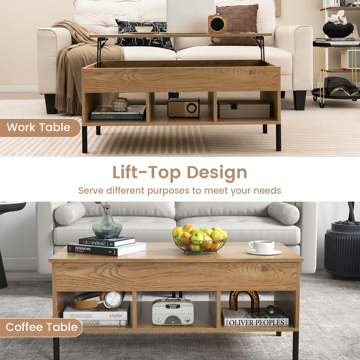 Goflame Lift Top Coffee Table - Living Room Center Table with Lifting Tabletop, Natural