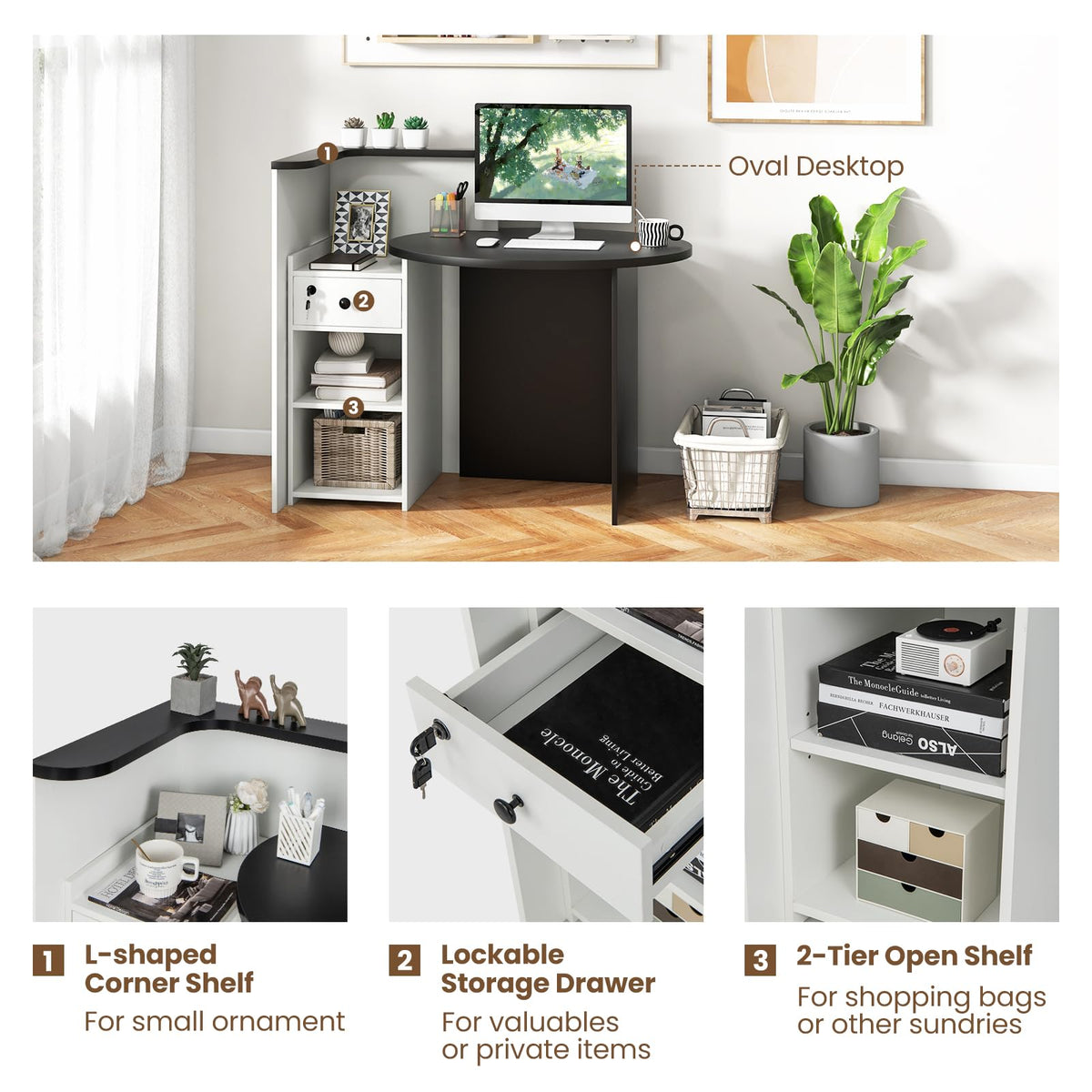 Goflame Reception Desk, Front Counter Desk with Lockable Drawer, Checkout Table with Round Tabletop