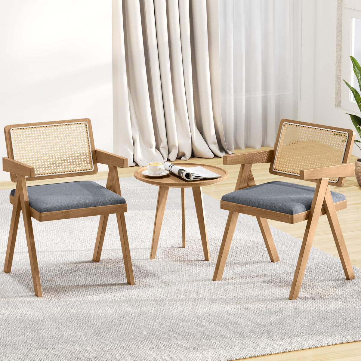 Goflame Rattan Dining Chairs, Leathaire Kitchen Chairs w/Armrests & Padded Cushion