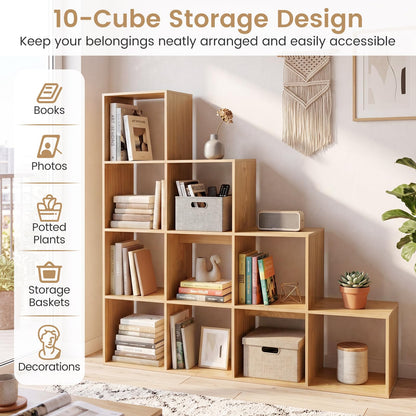 Goflame 51" Wooden 10-Cube Stepped Bookcase for Living Room