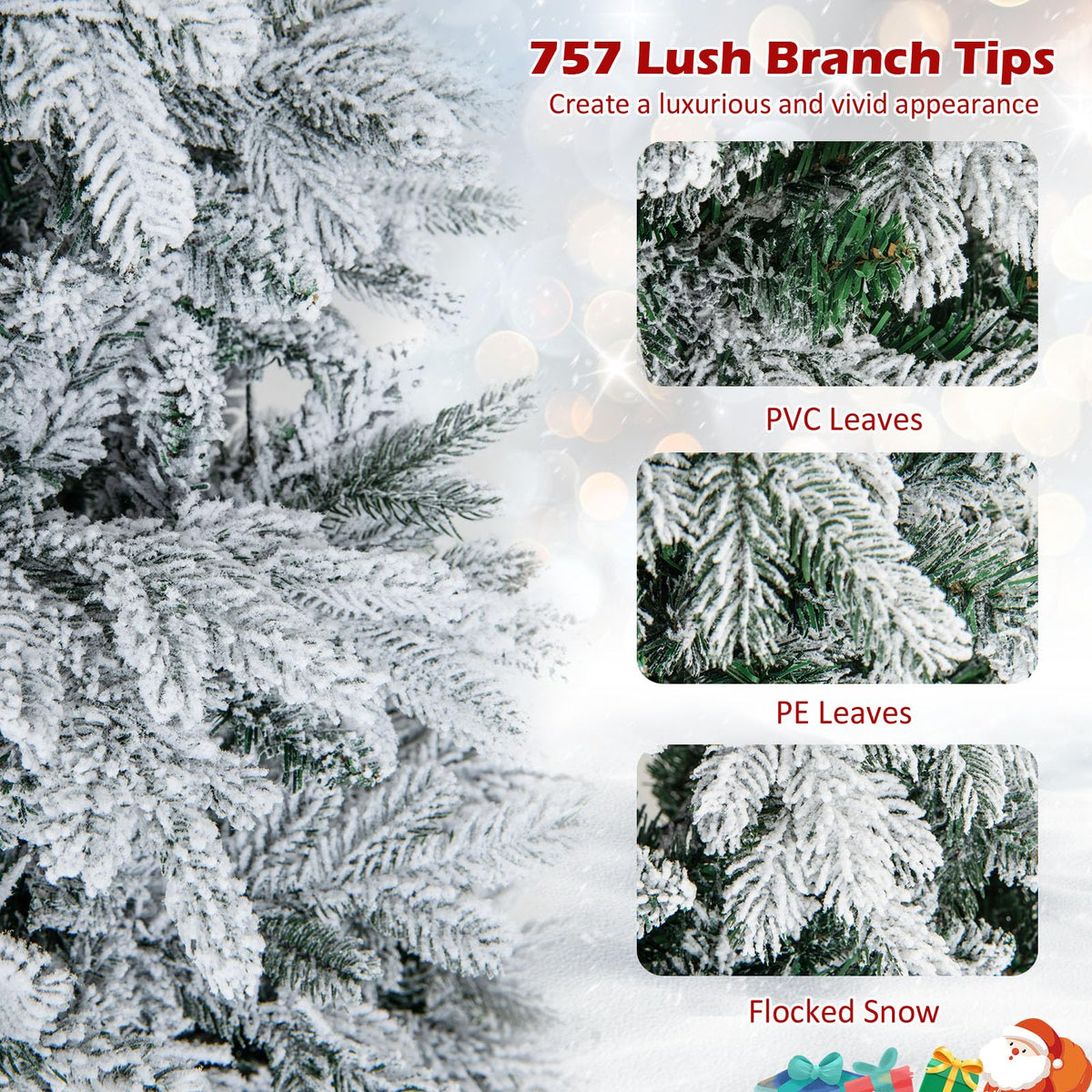 Goflame Pre-Lit Snow Flocked Christmas Tree, Artificial Hinged Xmas Tree with Branch Tips, PE & PVC Mixed Leaves