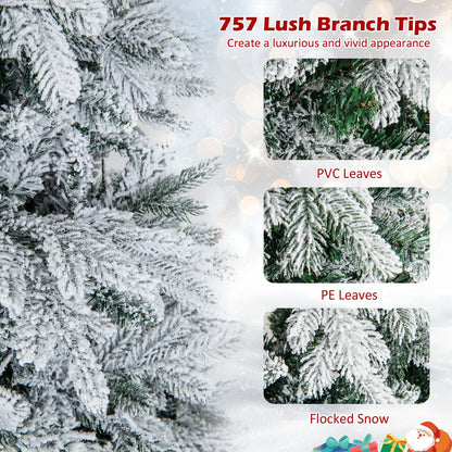 Goflame Pre-Lit Snow Flocked Christmas Tree, Artificial Hinged Xmas Tree with Branch Tips, PE & PVC Mixed Leaves