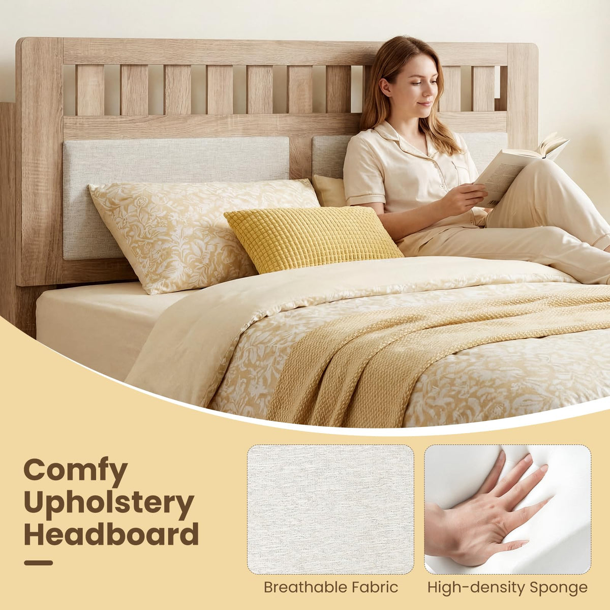 Goflame Mid-Century Wood Bed Frame with Upholstered Headboard (Full/Twin/Queen)