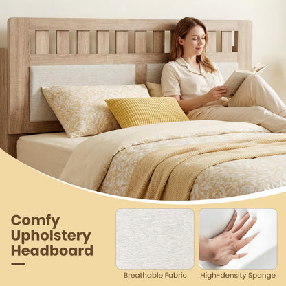Goflame Mid-Century Wood Bed Frame with Upholstered Headboard (Full/Twin/Queen)