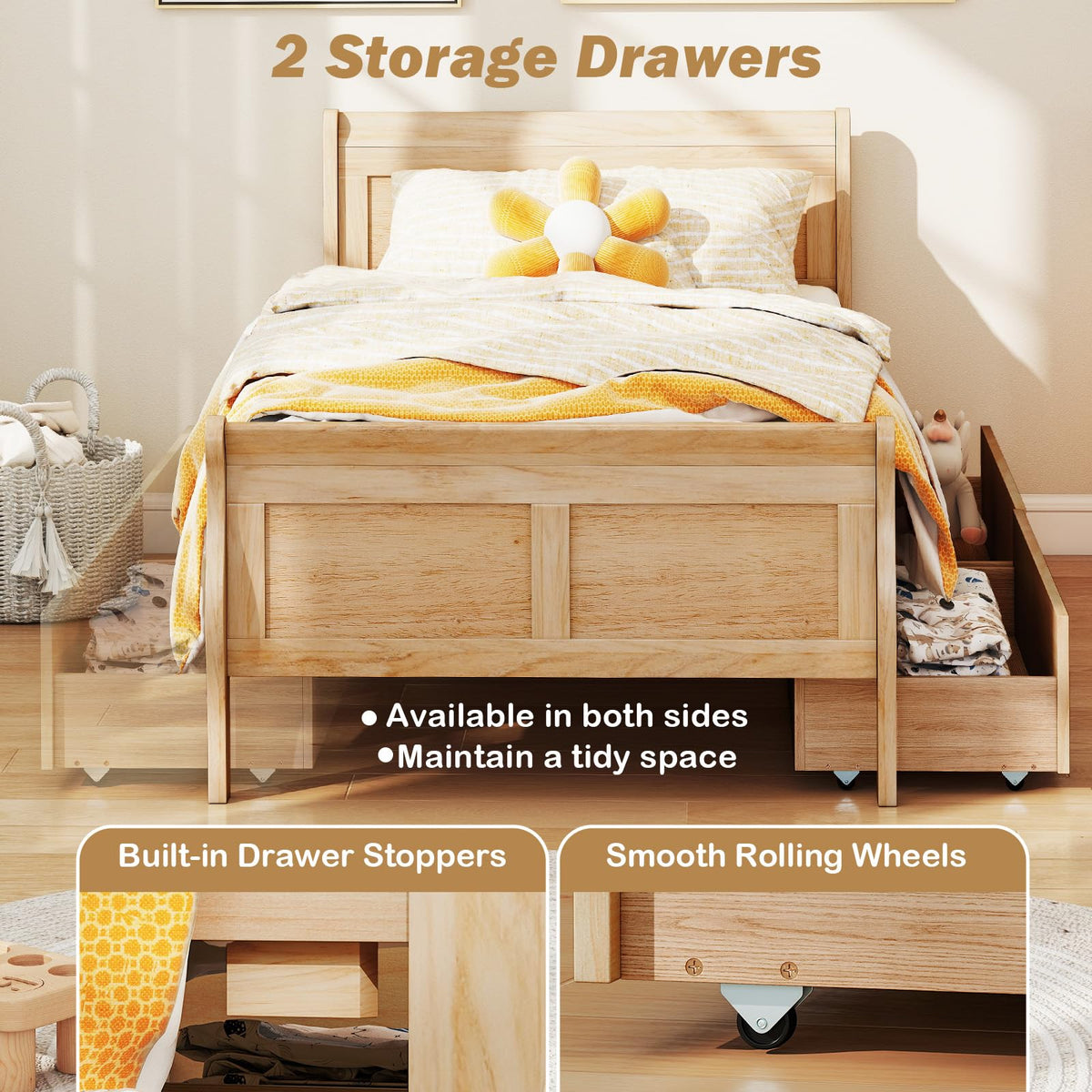 Goflame Twin/ Full/ Queen Bed with 2 Storage Drawers Wood Platform Bed with Headboard & Footboard