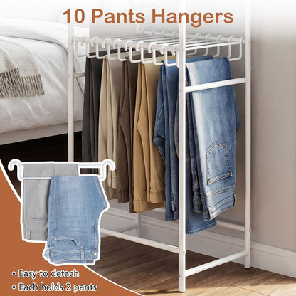 Goflame Heavy-Duty White Garment Rack with 6 Hanging Rods & 10 Pants Hangers