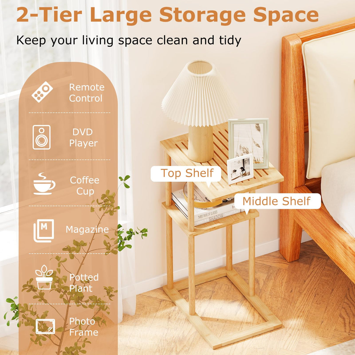Goflame Side Table Set of 2 with Storage Shelves and Bamboo Construction