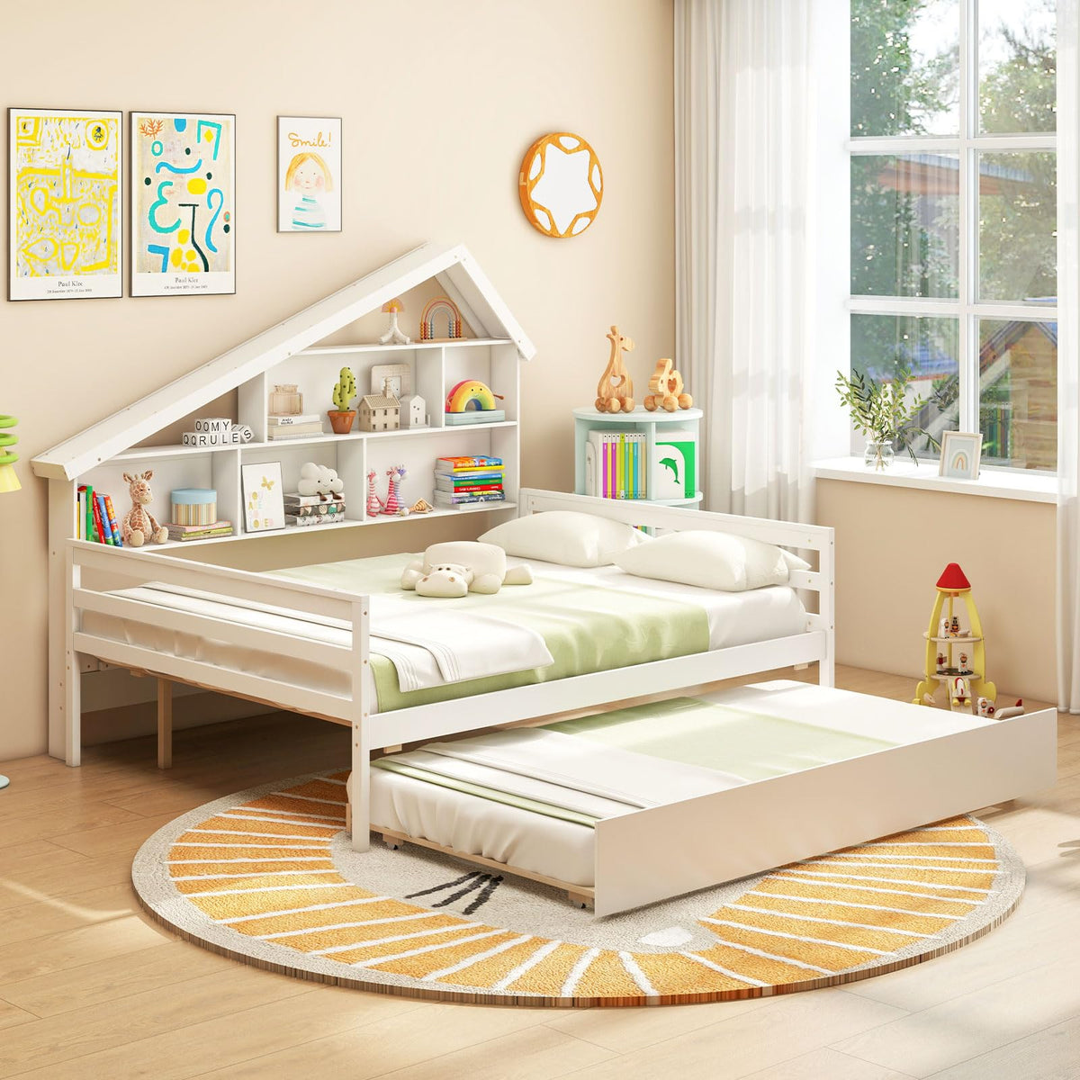 Goflame Full House Bed with Twin Trundle, Wood Daybed with 5 Cube Storage Bookcase & Headboard