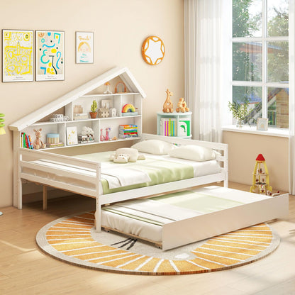 Goflame Full House Bed with Twin Trundle, Wood Daybed with 5 Cube Storage Bookcase & Headboard