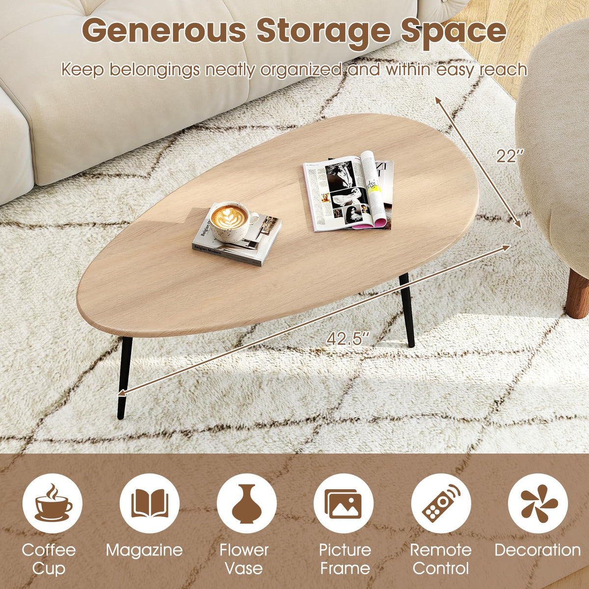 Goflame Oval Mid Century Modern Coffee Table Sturdy Metal Frame and Compact Design