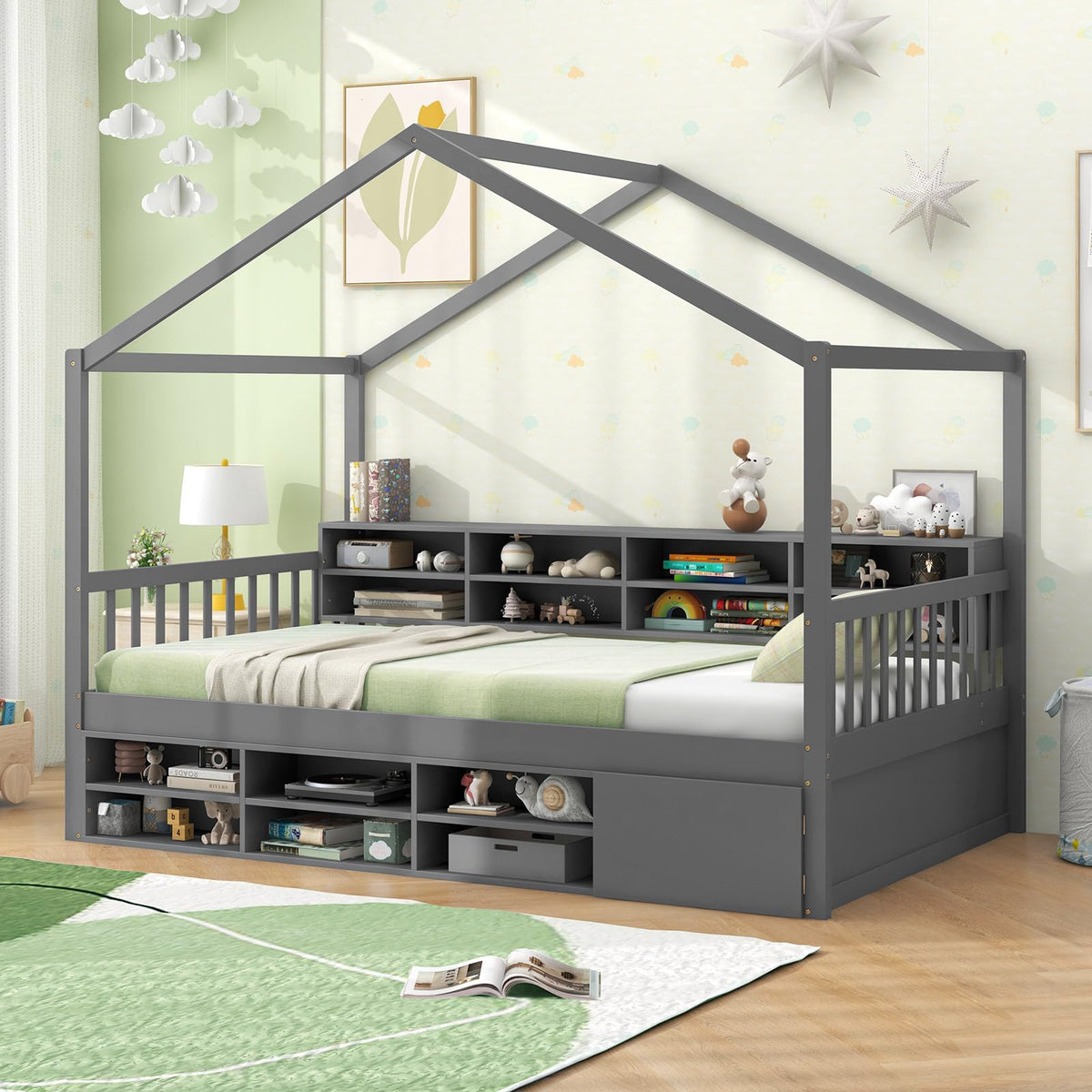 Goflame Twin Size House Bed with Storage, Wooden Montessori House Bed with 14 Storage Cubes