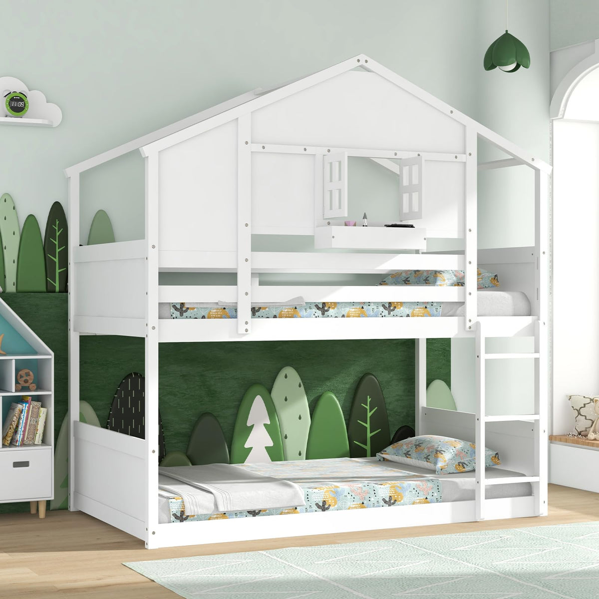 Goflame Bunk Bed Twin Over Twin, Wood House Bed for Kids with Roof, Window Door, White