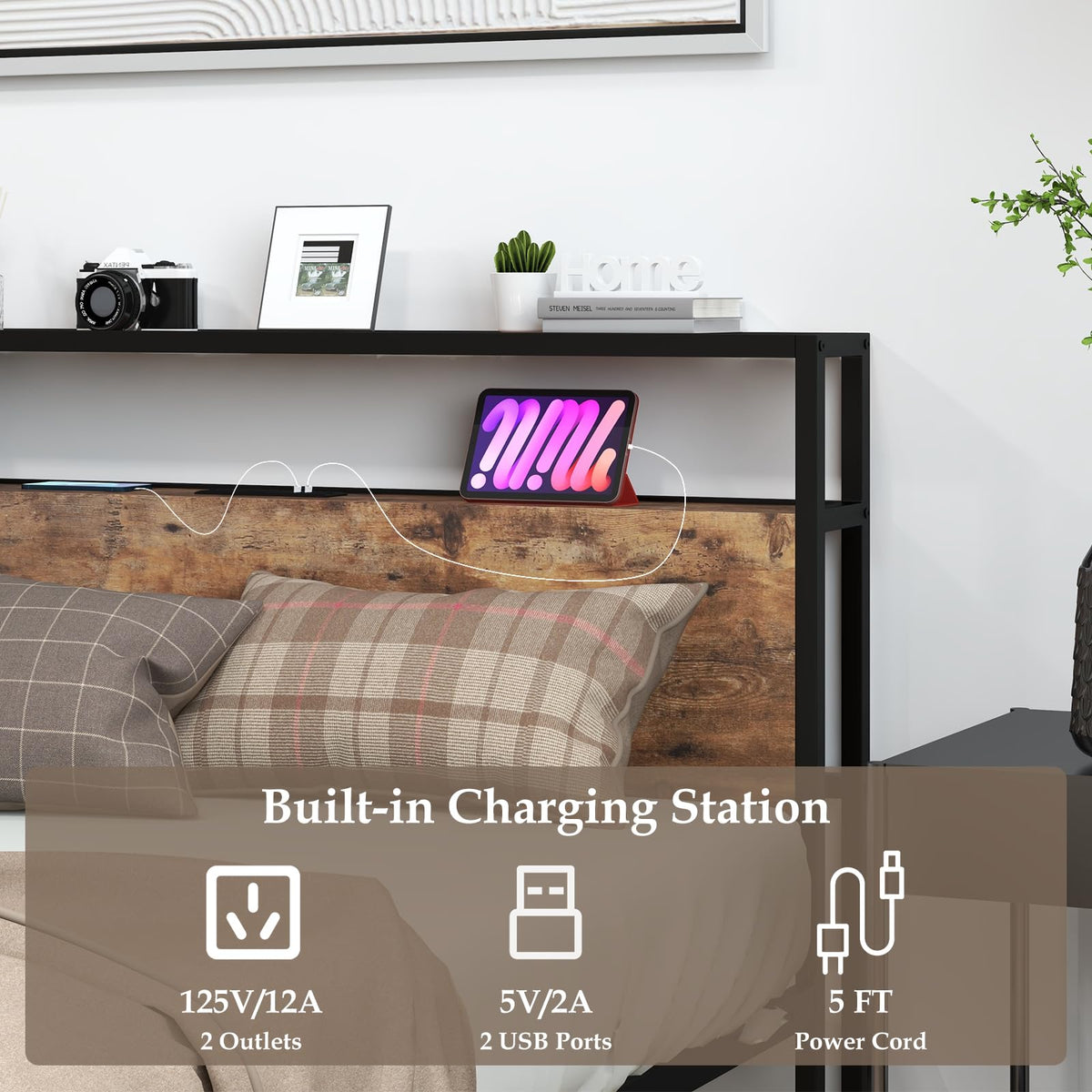 Goflame Full Bed Frame with Storage Headboard and Charging Station, with Outlets and USB Ports