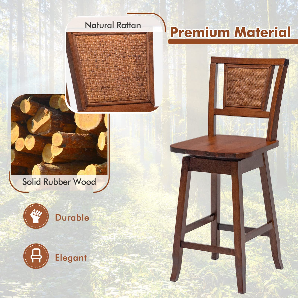 Goflame 24.5 Inch Counter Height Bar Stool with Rattan Back