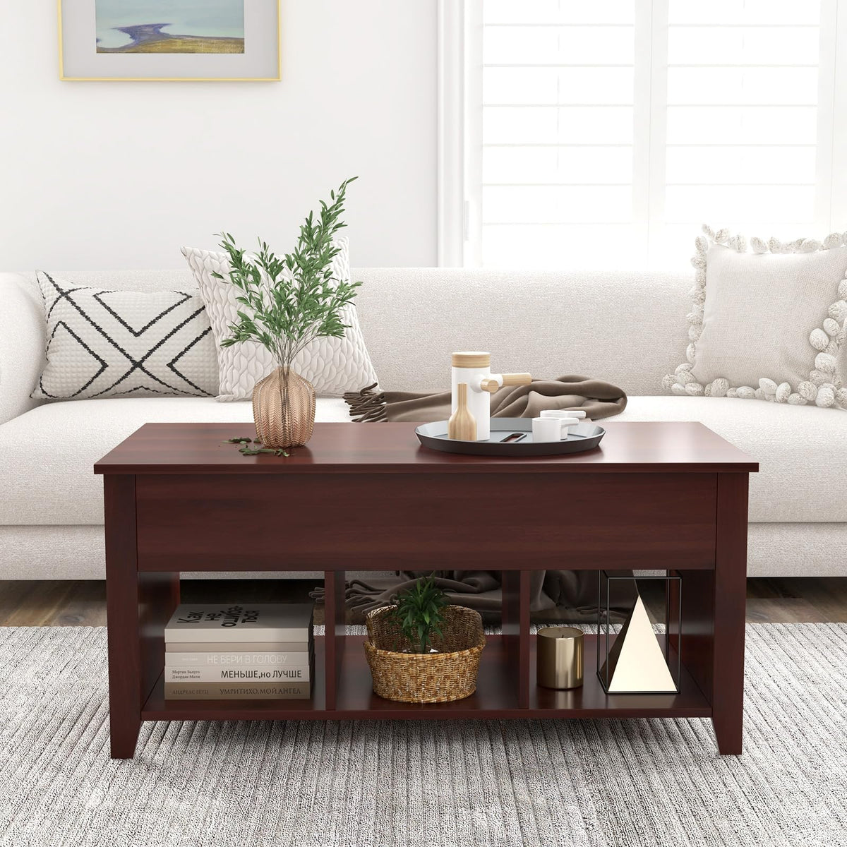 Goflame Lift Top Coffee Table - Rectangular Wooden Table w/Hidden Compartment & Open Storage Shelves