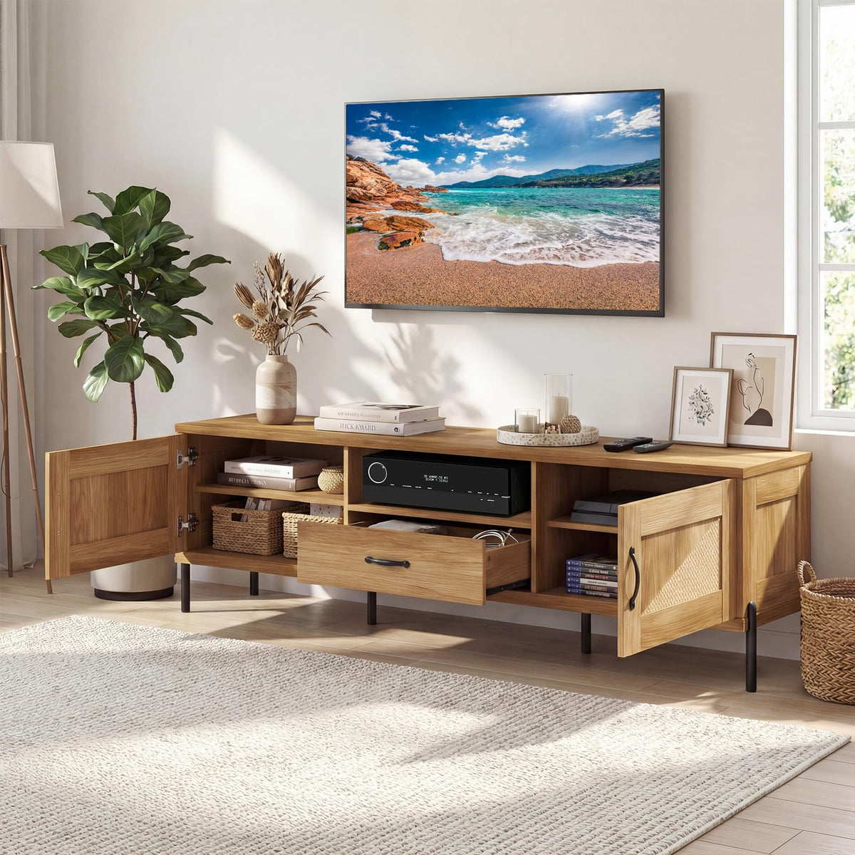 Goflame Mid Century Modern Rattan TV Stand for TVs up to 80" w/ 2 Storage Cabinets