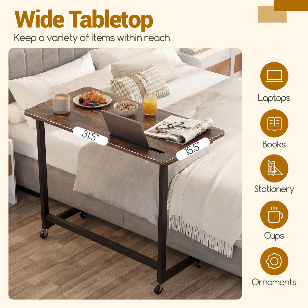 Goflame Mobile C-Shape Side Table - Rolling Bedside Table w/Tablet Slot