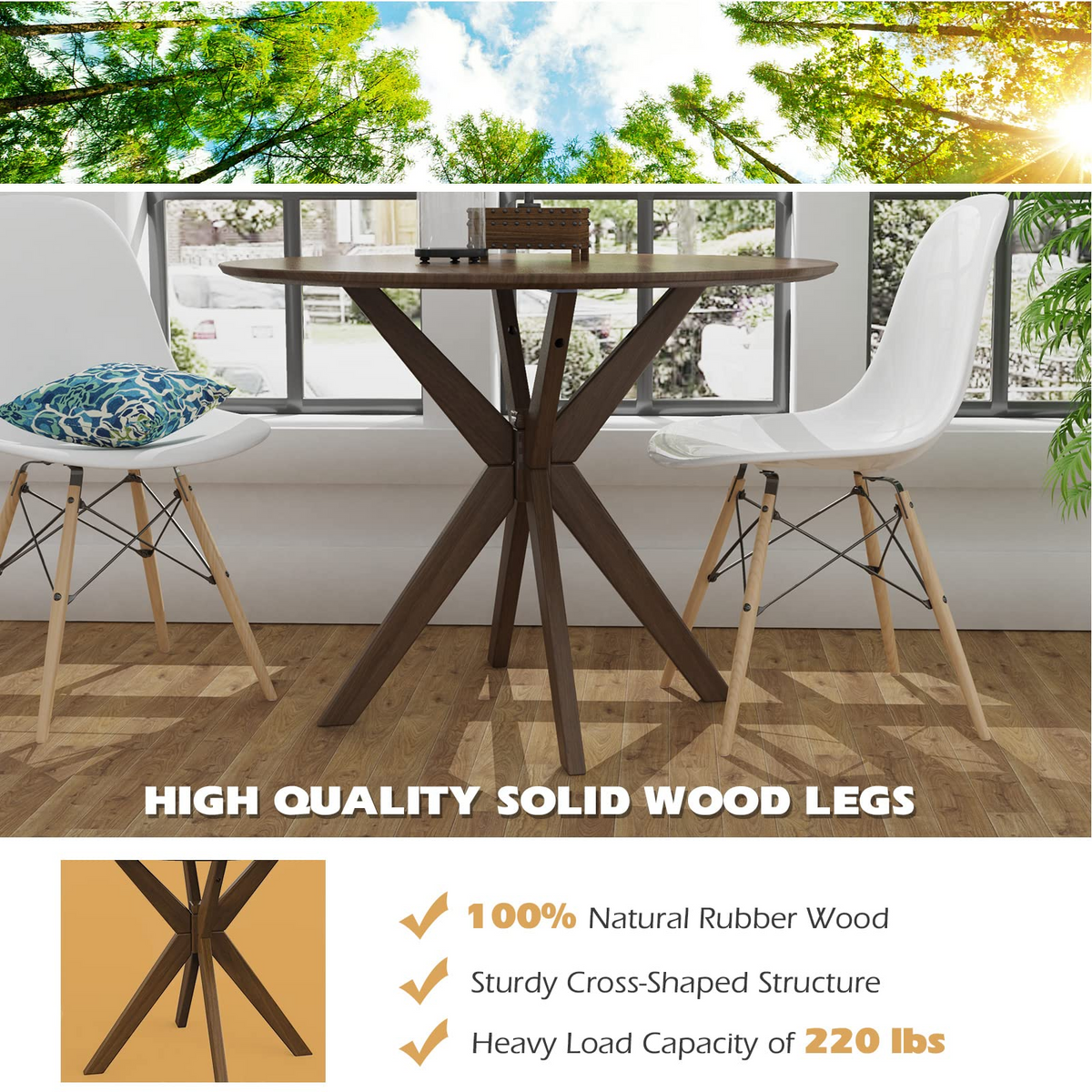Goflame 36 Inch Round Wood Dining Table with Intersecting Pedestal Base