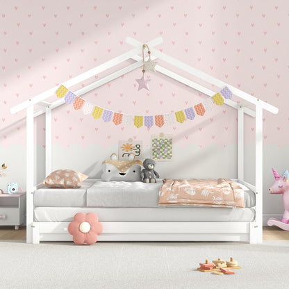 Goflame Extendable House Bed for Kids, Twin to King Daybed with Roof & Fence Rails, Wood Kids Bed Frame for Teens