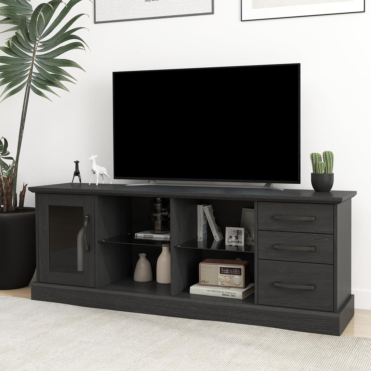 Goflame TV Stand for TVs up to 73”, Entertainment Center w/Cable Management Holes, Drawers