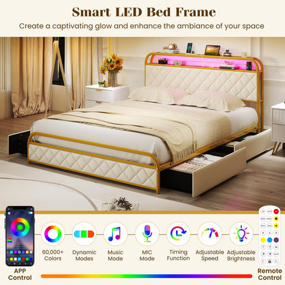 Goflame Queen/Full/Twin Size Bed Frame with 4 Storage Drawers and Charging Station