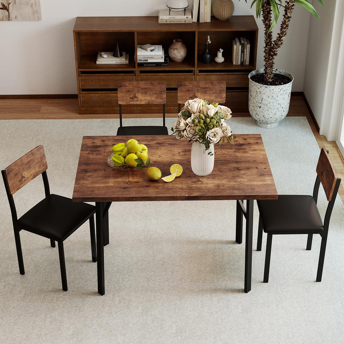 Goflame 5-Piece Dining Table Set for 4 People Industrial Kitchen Table and 4 PU Leather Chairs