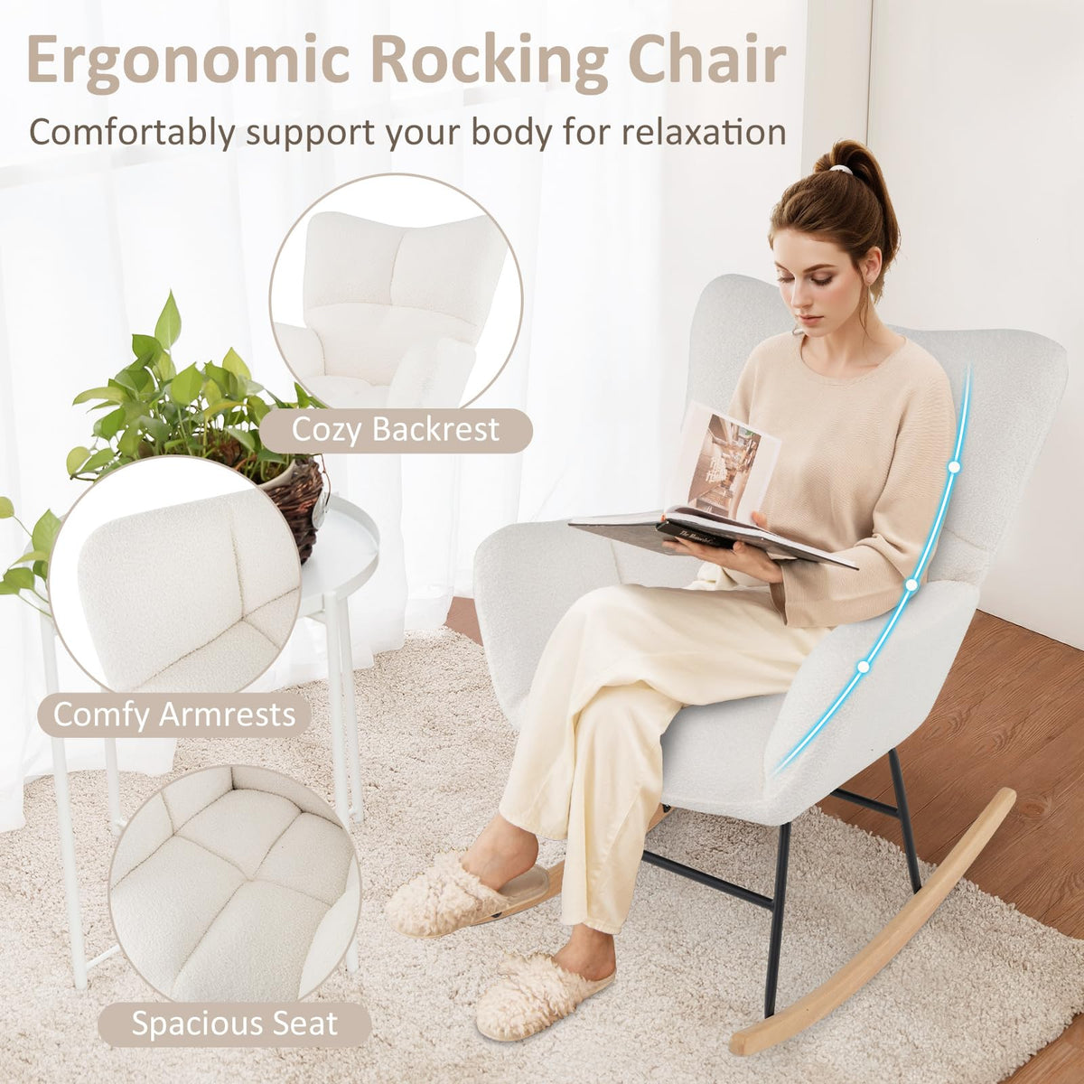 Goflame Rocking Chair Nursery, Teddy Upholstered Glider Rocker Chair w/High Backrest