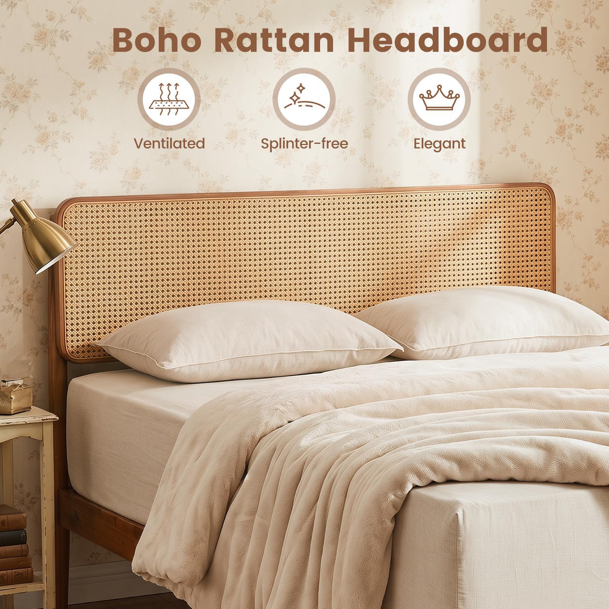 Goflame Wooden Bed Frame Full/Twin/Queen Size with Rattan Headboard