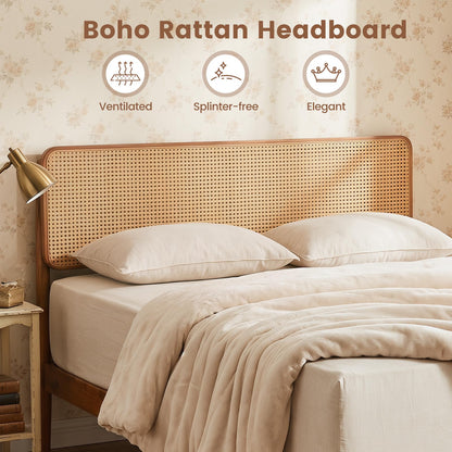 Goflame Wooden Bed Frame Full/Twin/Queen Size with Rattan Headboard