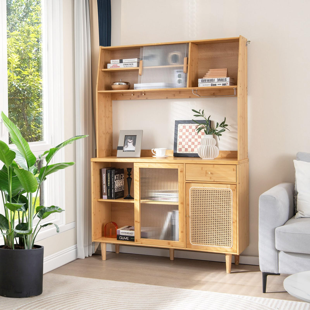 Goflame Pantry Cabinet 69" Bamboo Hutch Cabinet with Storage