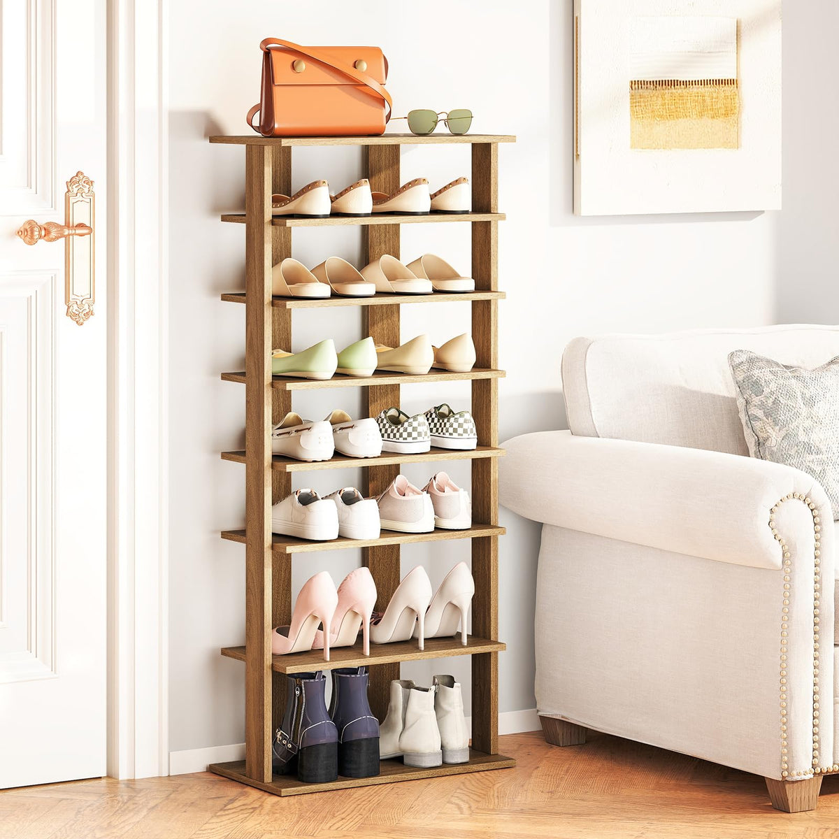 Goflame 8-Tier Wooden Shoe Rack Patented Double Row Shoe Organizer for 16 Pairs
