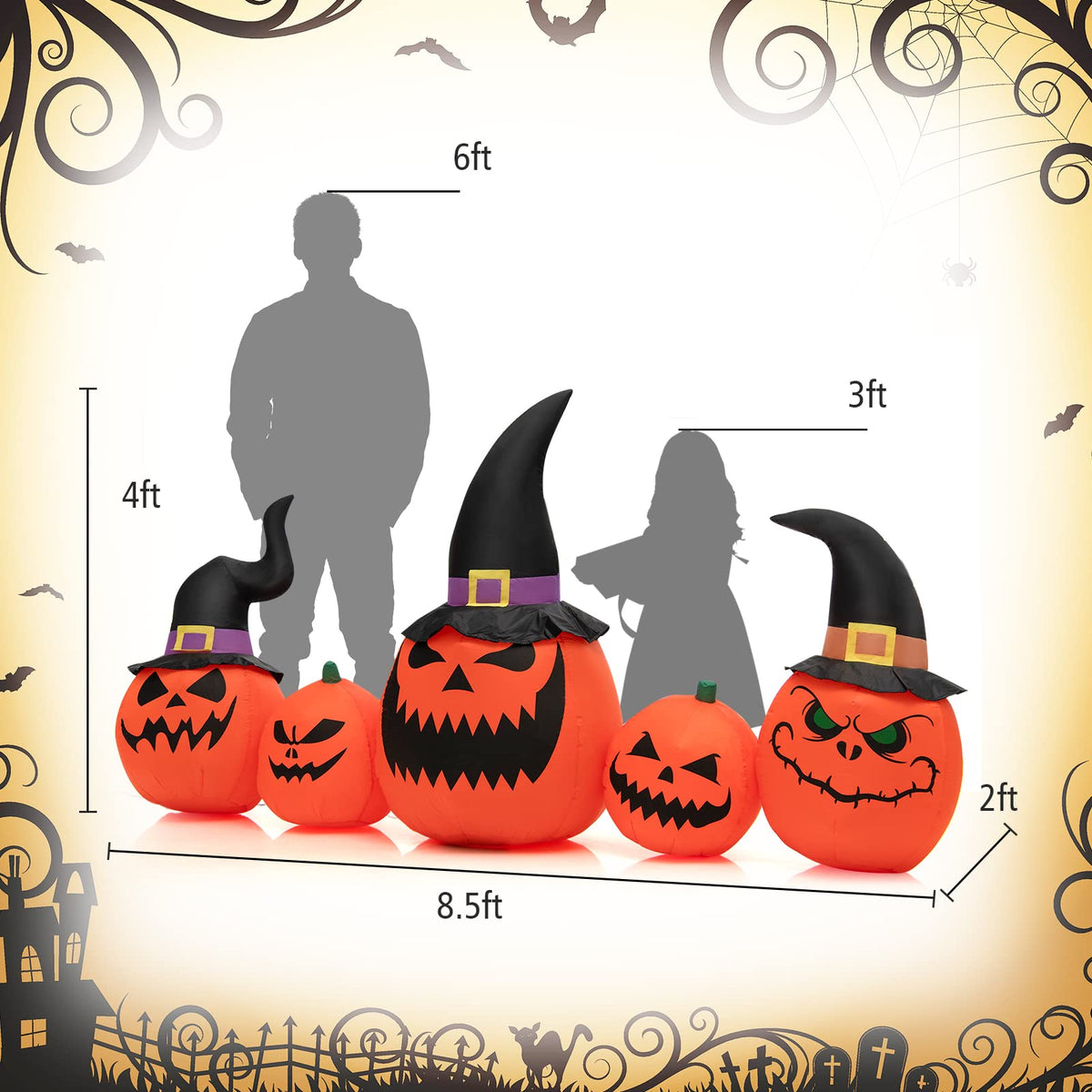 8 FT Long Halloween Inflatable Pumpkin Patch Family, 5 PCS Halloween Blow up Pumpkins with Built-in LED Lights & Blower