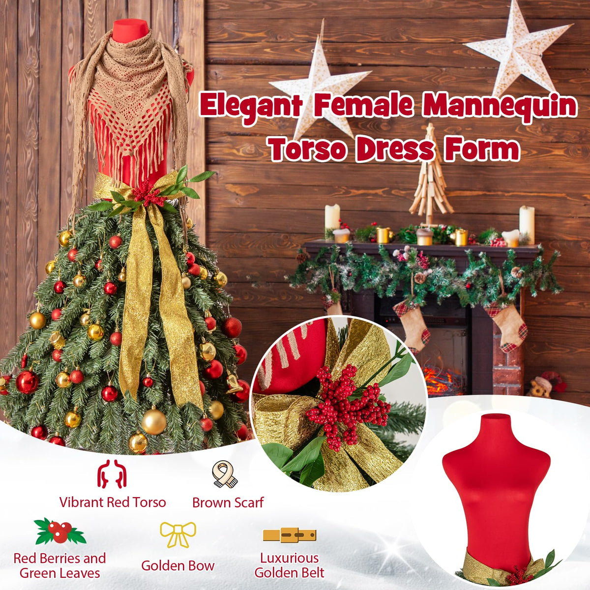 Goflame 5ft Pre-Lit Dress Form Christmas Tree with Female Mannequin Torso & Scarf