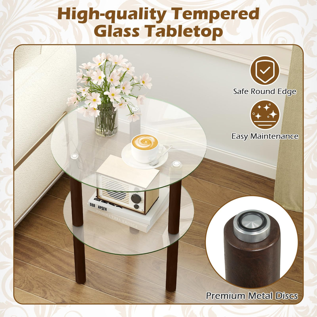 Goflame Round/Square 2-Tier Sofa Side Table with Clear Tempered Glass Top & Shelf (1/2)