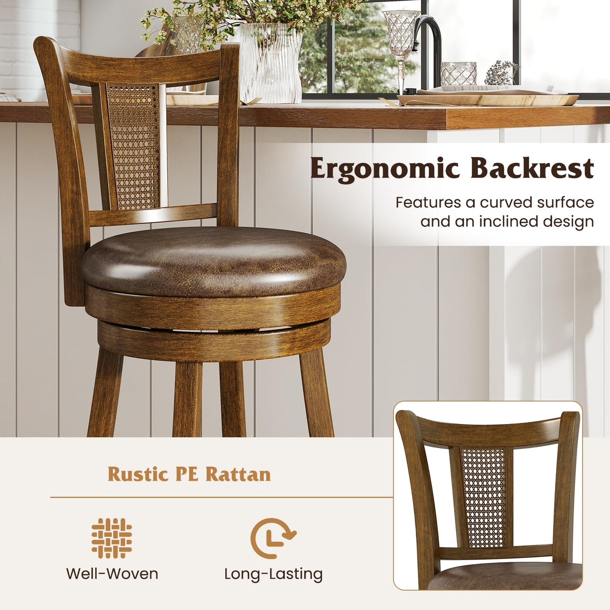 Goflame 25" Bar Stools Set Swivel Counter Height Bar Chairs with PE Rattan Back