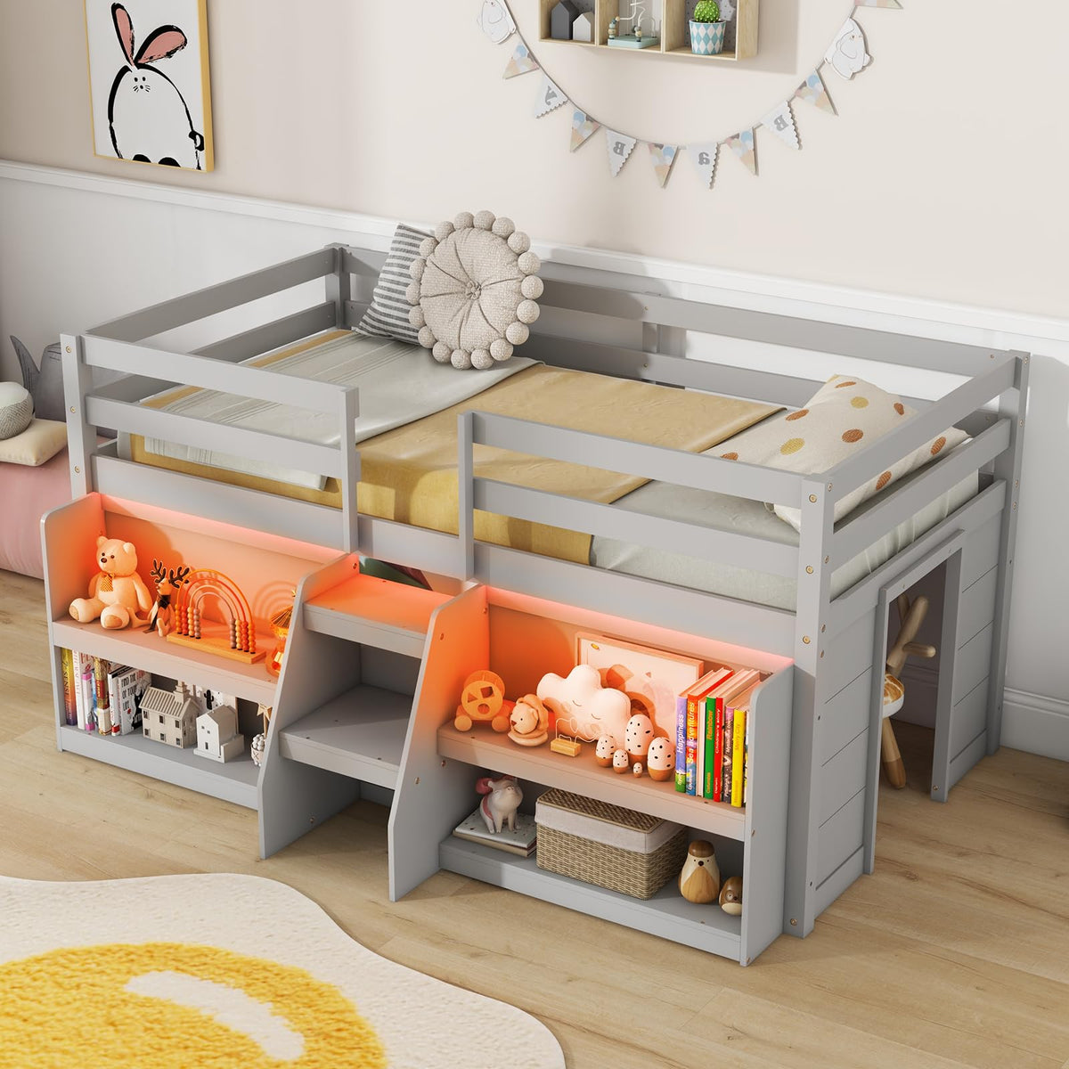 Goflame Low Loft Bed with LED Lights, Wooden Twin Loft Bed with Stairs & Safety Guardrail