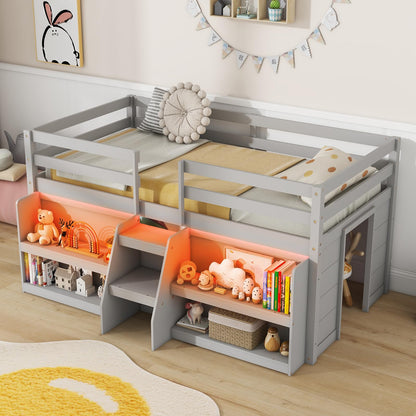 Goflame Low Loft Bed with LED Lights, Wooden Twin Loft Bed with Stairs & Safety Guardrail