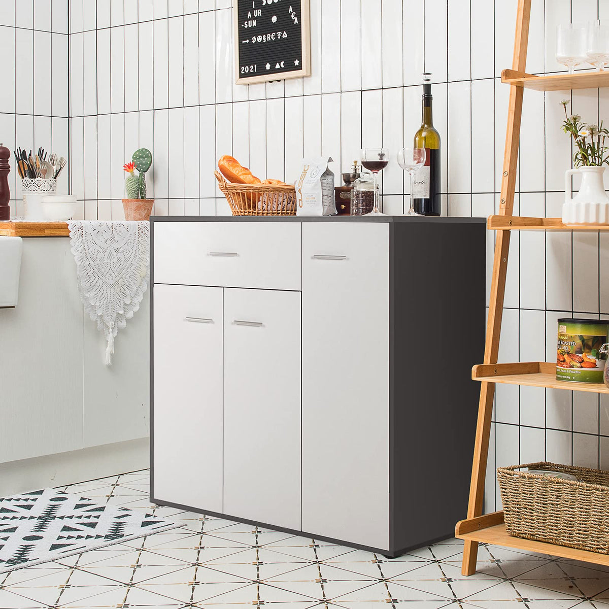 Goflame Buffet Cabinet with Storage, 3 Door Kitchen Cupboard with Large Drawer, Adjustable Shelf