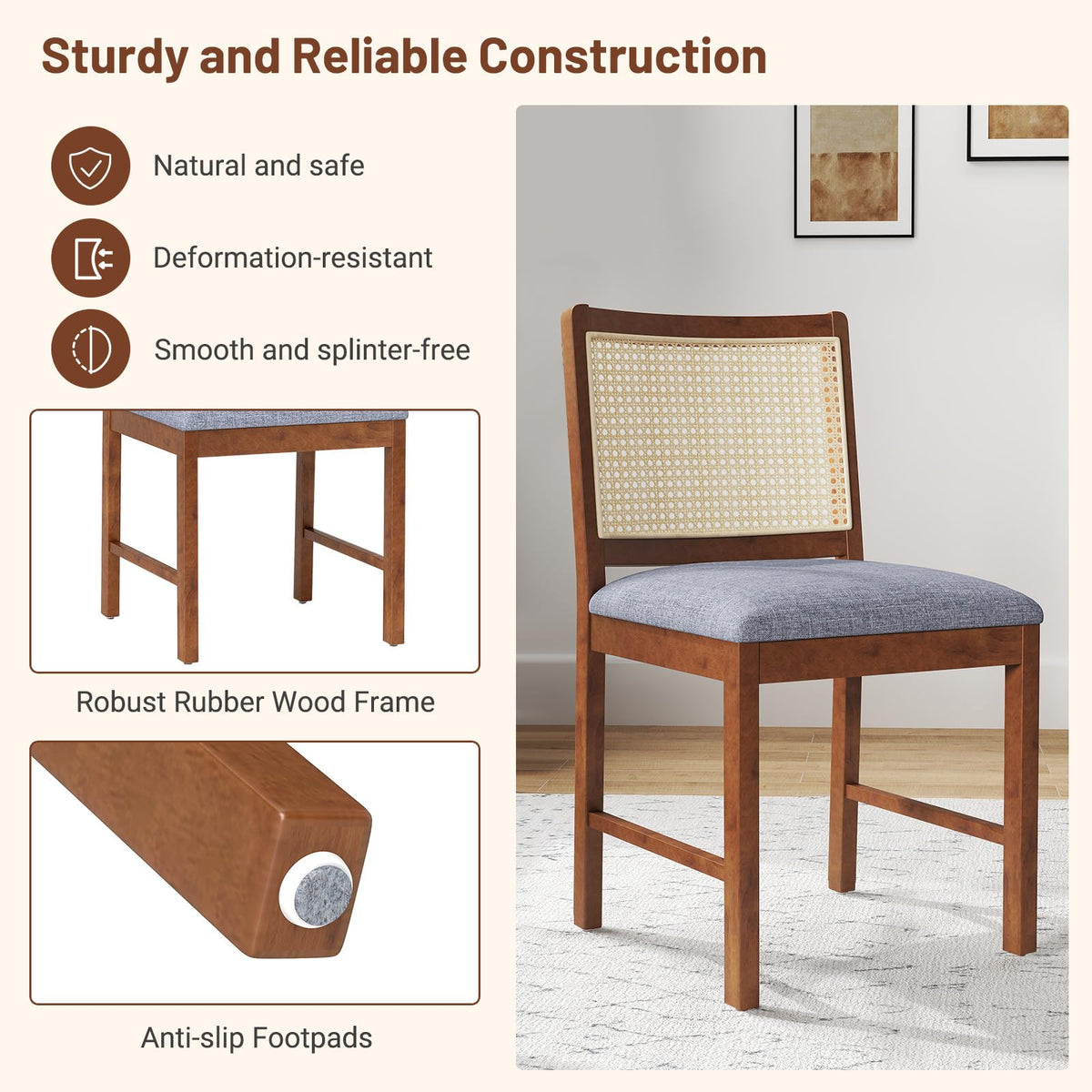 Goflame Rattan Dining Chairs Set of 2/4, Modern Upholstered Kitchen Chairs w/Rubber Wood Frame