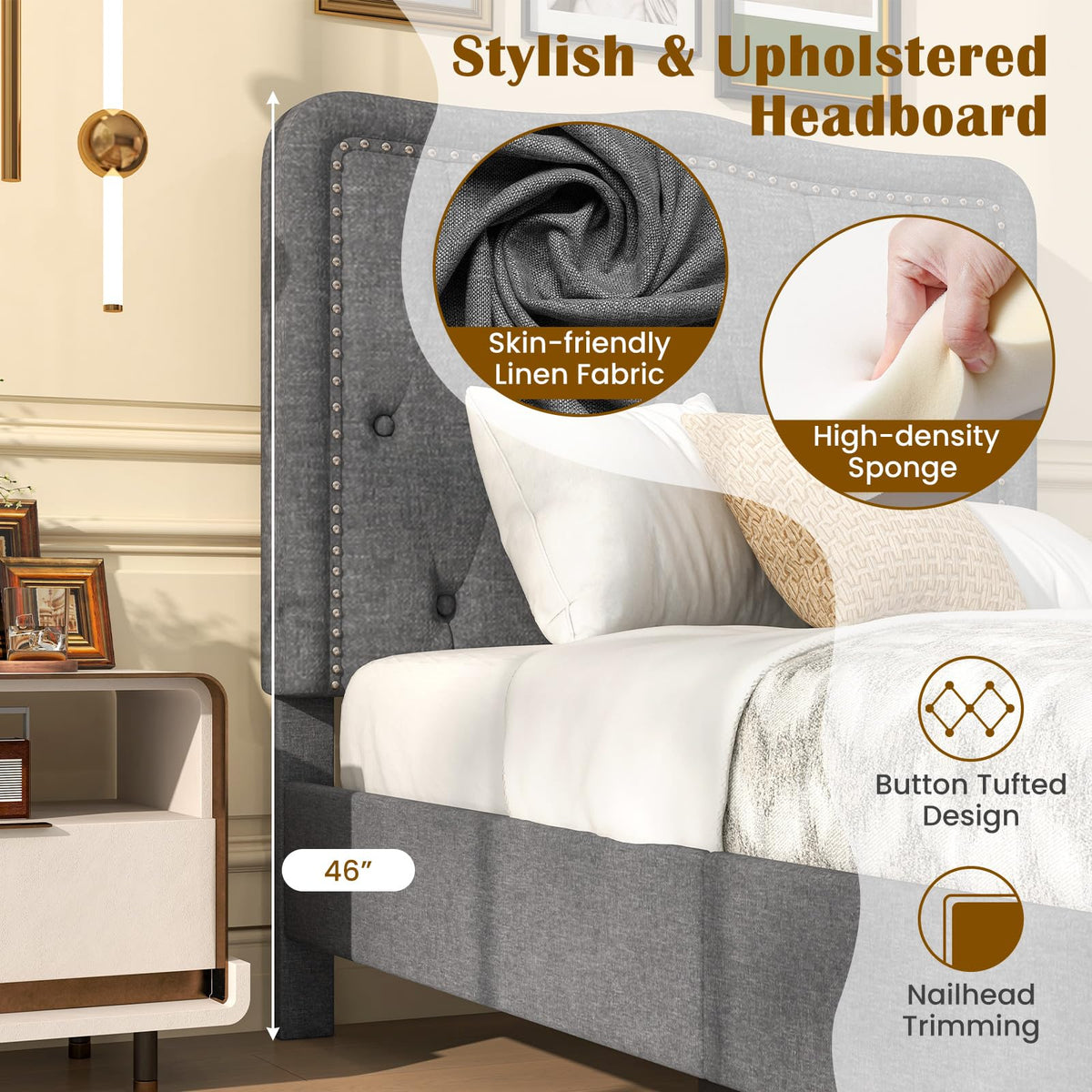 Goflame Twin Size Bed Frame, Modern Linen Upholstered Platform Bed w/ 46" Tall Button Tufted Headboard