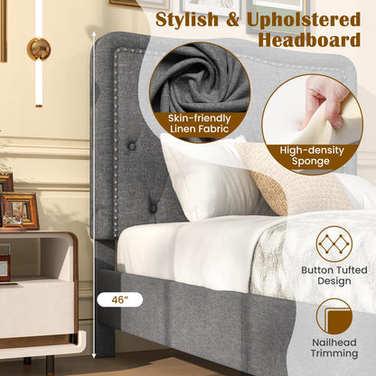 Goflame Twin Size Bed Frame, Modern Linen Upholstered Platform Bed w/ 46" Tall Button Tufted Headboard