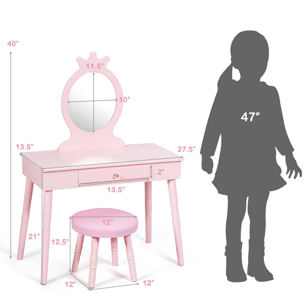 Kids Vanity Set, Princess Dressing Table Set, Wooden Dresser, Little Girls Makeup Table and Stool Set