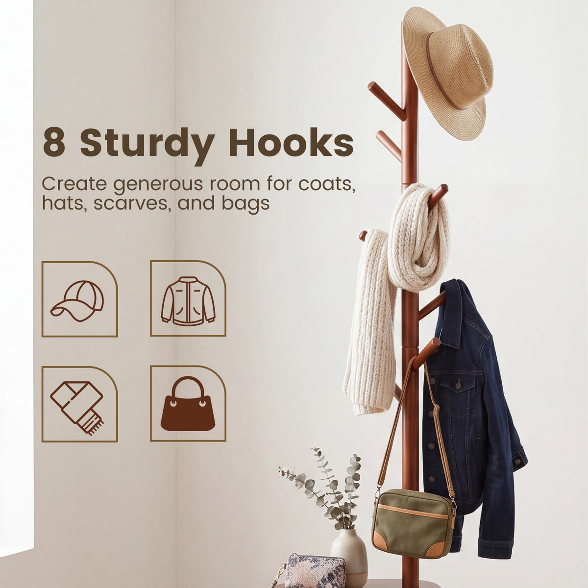 Goflame 70" Solid Wood Clothing Rack with 8 Hooks and 2 Storage Shelves