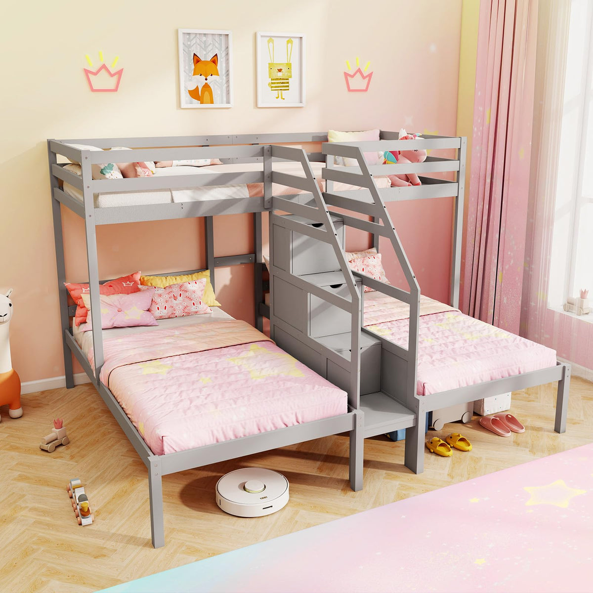 Goflame Twin Over Twin & Twin Bunk Bed Triple Bunk Beds with 4-Step Storage Stair