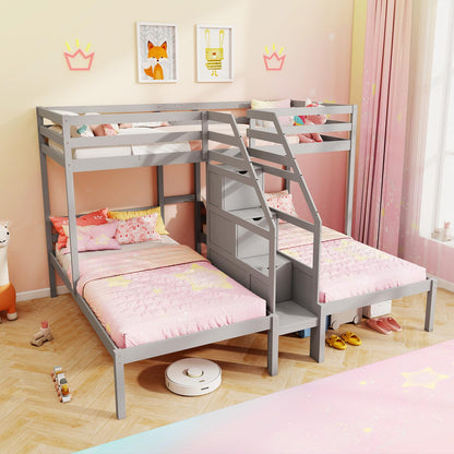 Goflame Twin Over Twin & Twin Bunk Bed Triple Bunk Beds with 4-Step Storage Stair